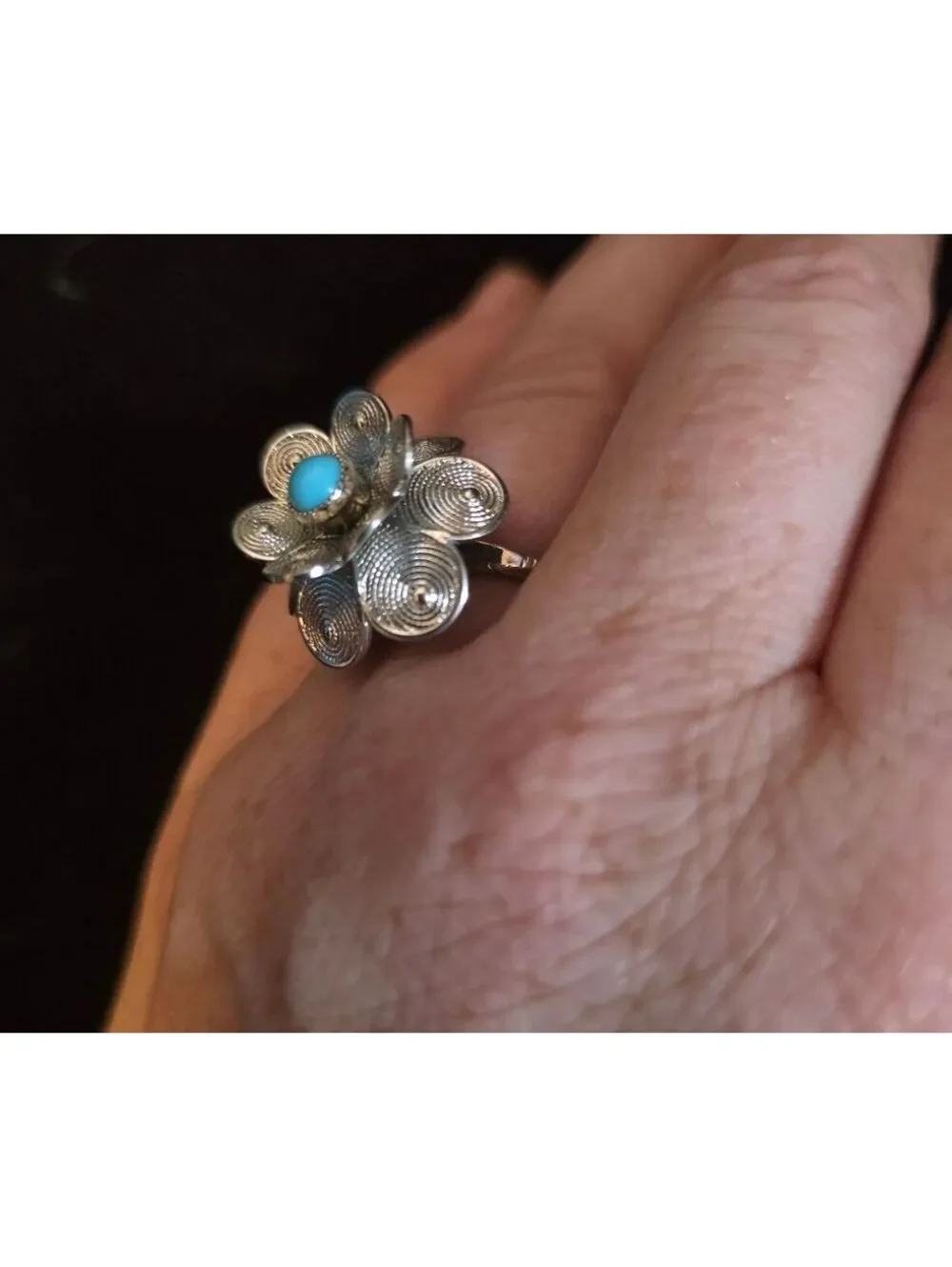 Vintage 1970s Sarah Coventry Silver Flower Filigree Ring with Turquoise Cabochon